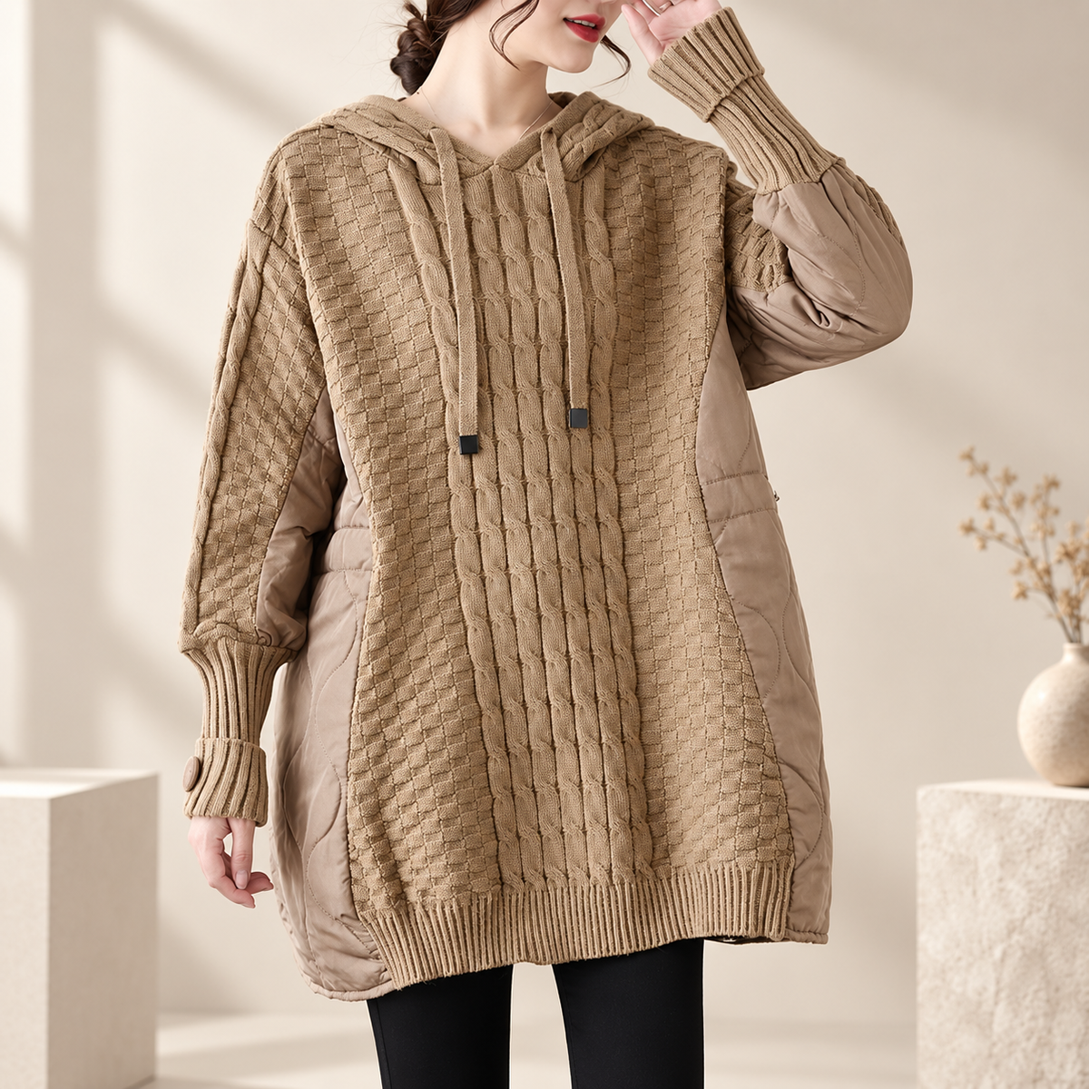Bianca Women's Cable Knit Hooded Sweater Coat with Quilted Panels