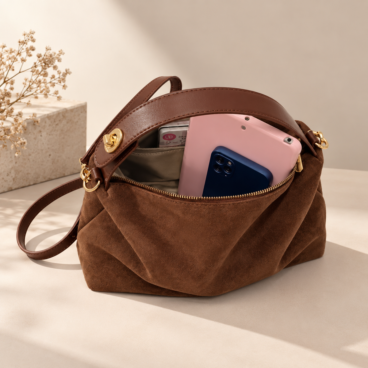 Alessia Suede-Look Shoulder Bag with Top Handle and Adjustable Crossbody Strap