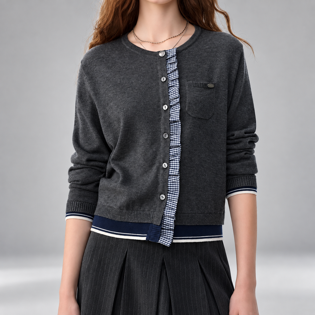 Margaret Check Trim Button Cardigan – Charcoal Gray Crew Neck Knit Sweater