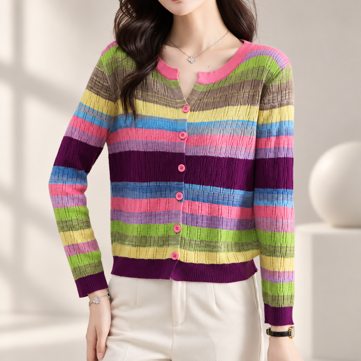 Evelina Women's Multicolor Striped Pointelle Knit Button-Front Cardigan