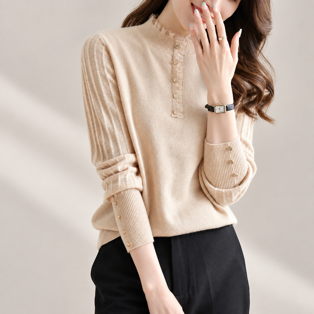 Vivienne Women's Ruffle Mock Neck Knit Sweater with Button Placket