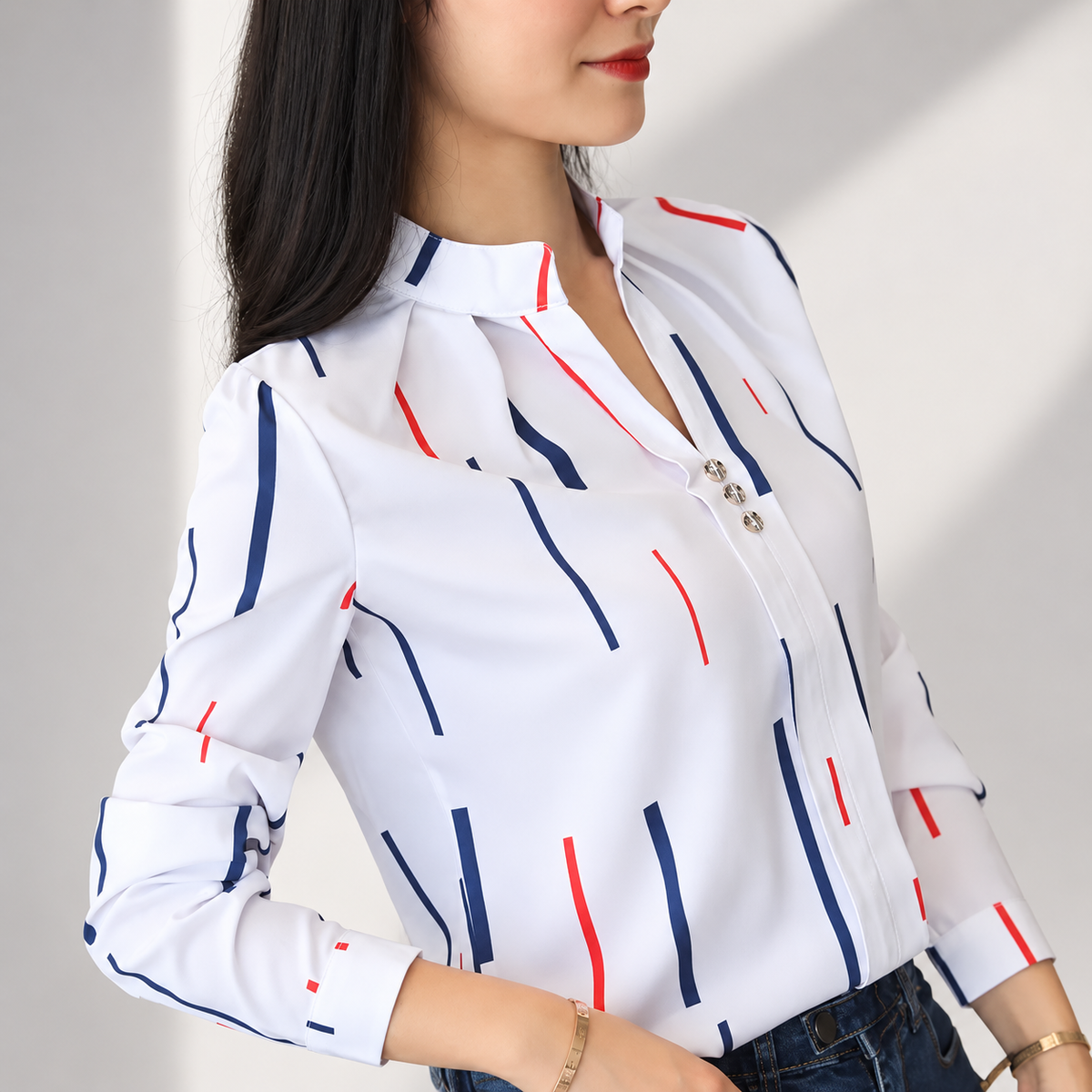 Marianne Women's Printed Split-Neck Long Sleeve Blouse with Button Detail