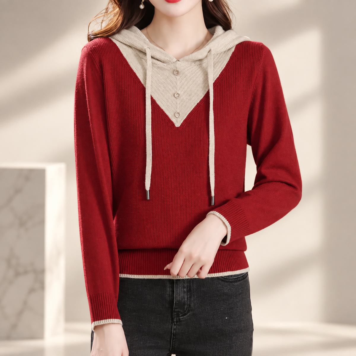 Genevieve Colorblock Hooded Knit Sweater with Button Detail