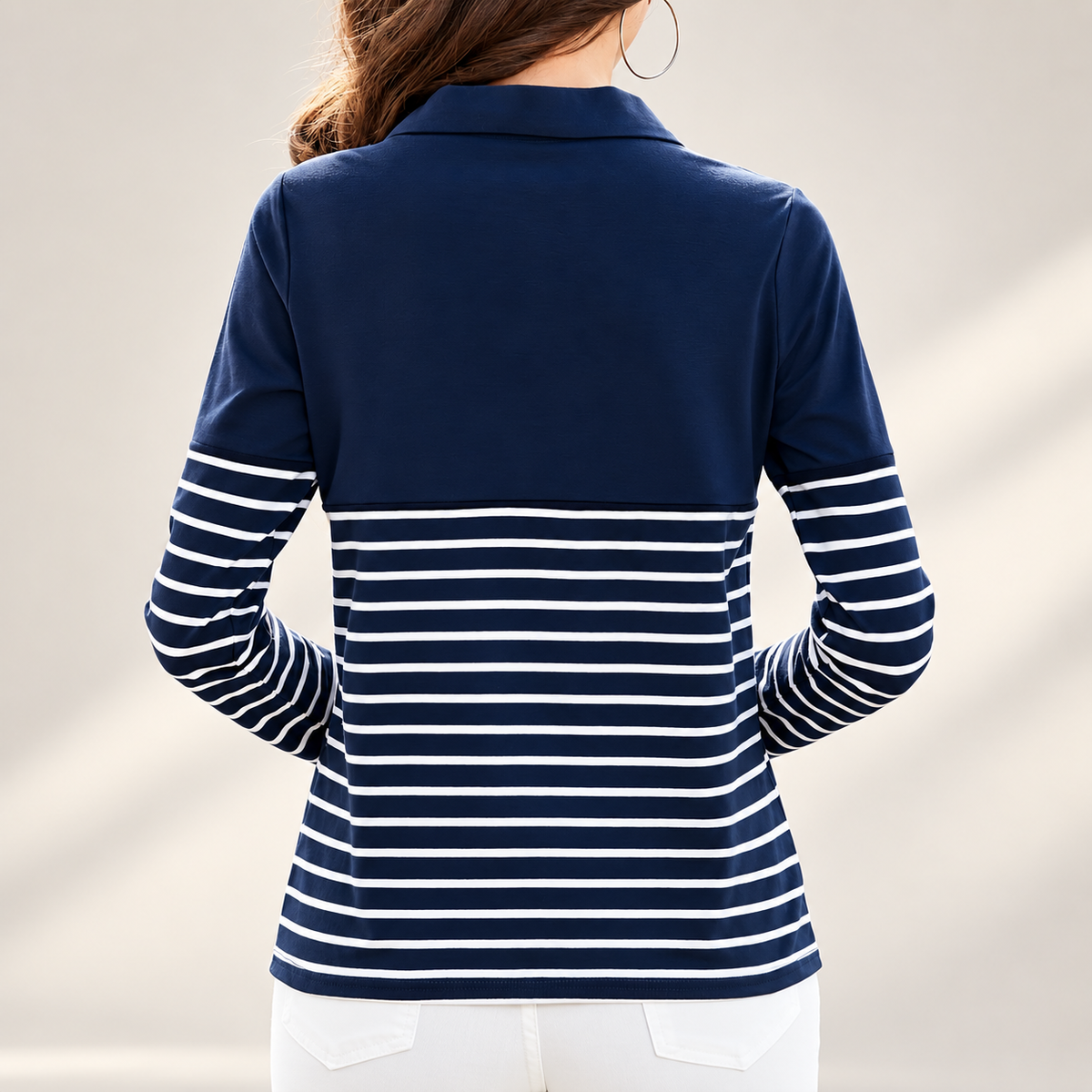 Audrey Striped Polo Long Sleeve Top – Collared Casual Shirt