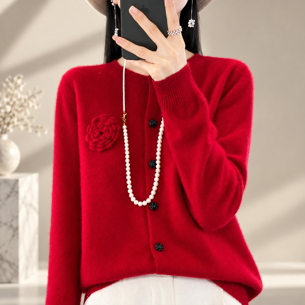 Elena Floral Appliqué Button Cardigan – Women’s Crew Neck Knit Sweater