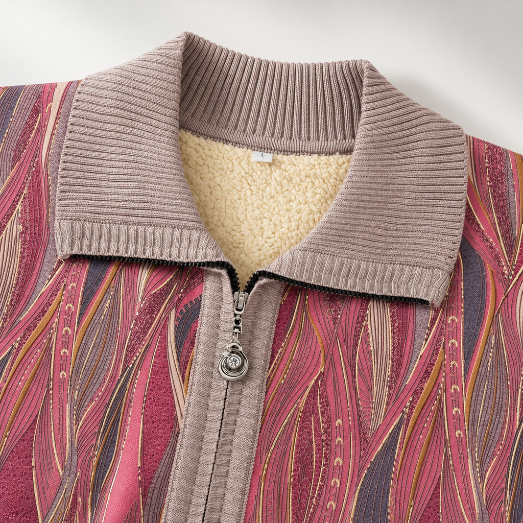 Delphine Women's Abstract Print Zip-Front Knit Jacket with Ribbed Collar