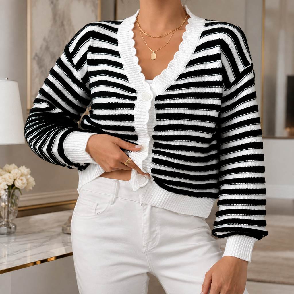Colette Women’s Striped Cropped Knit Cardigan – Button-Front Sweater
