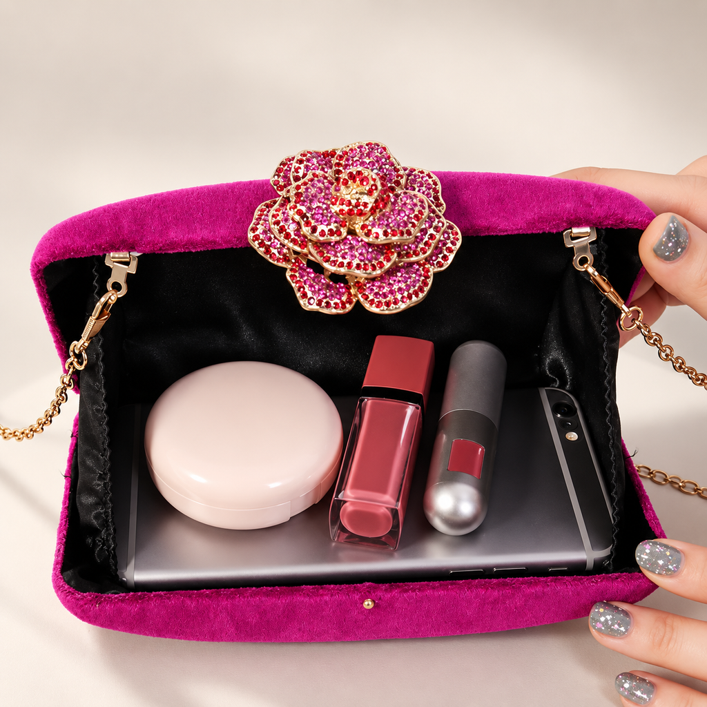 Camille Jeweled Rose Velvet Evening Clutch with Chain Strap