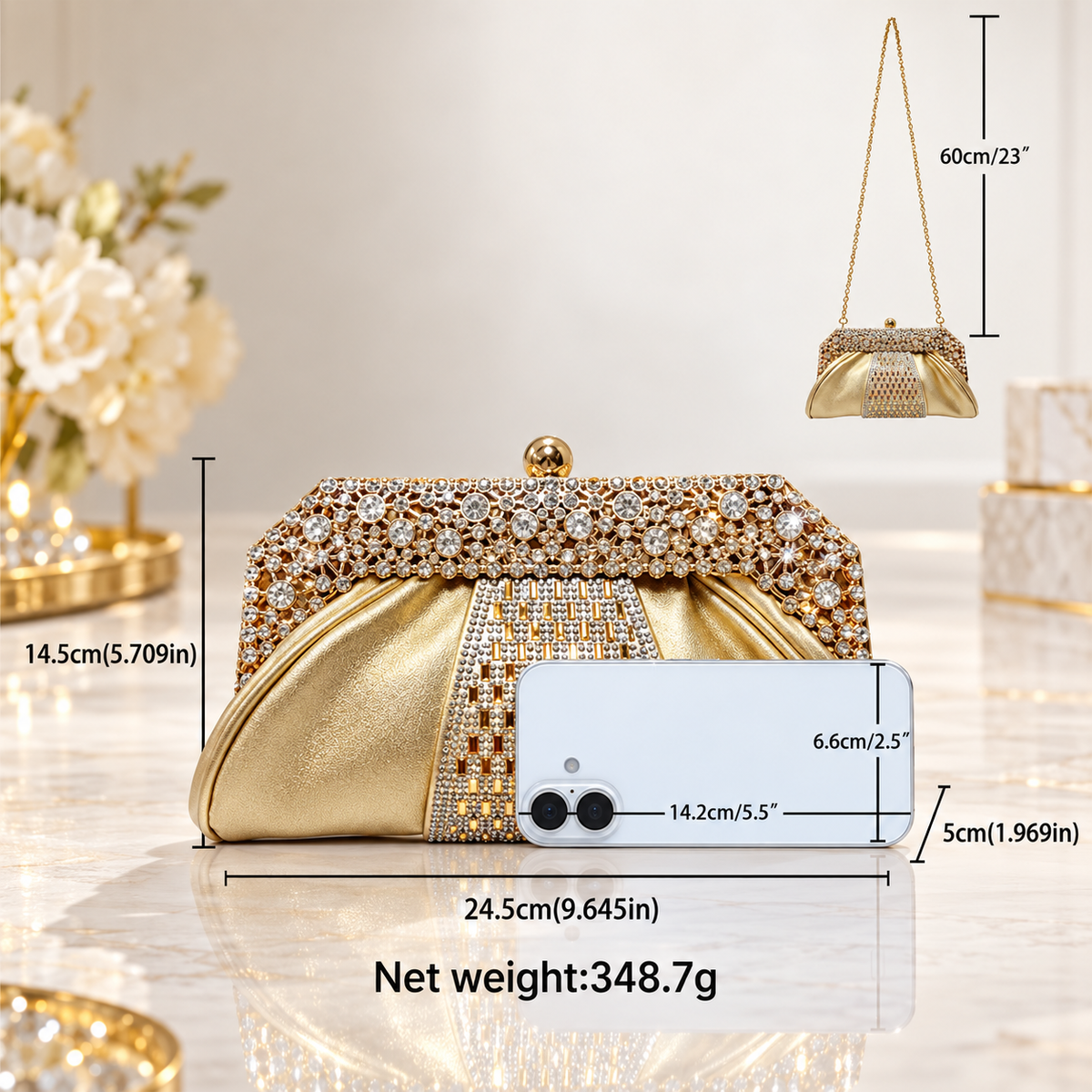 Genevieve Crystal Frame Ruched Evening Clutch with Chain Strap