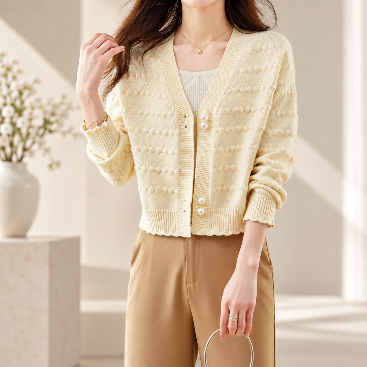 Serafina Women's Textured V-Neck Knit Cardigan with Pearl-Style Buttons