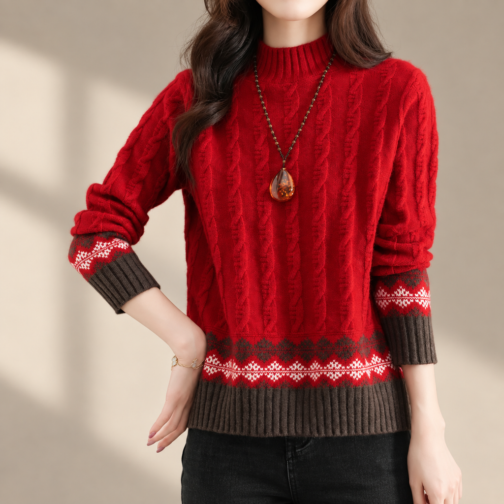 Adeline Fair Isle Cable Knit Mock Neck Sweater