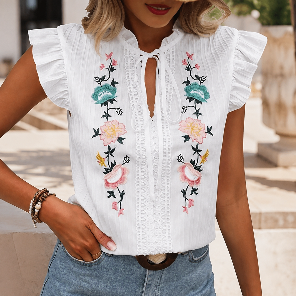Caroline Embroidered Ruffle Blouse