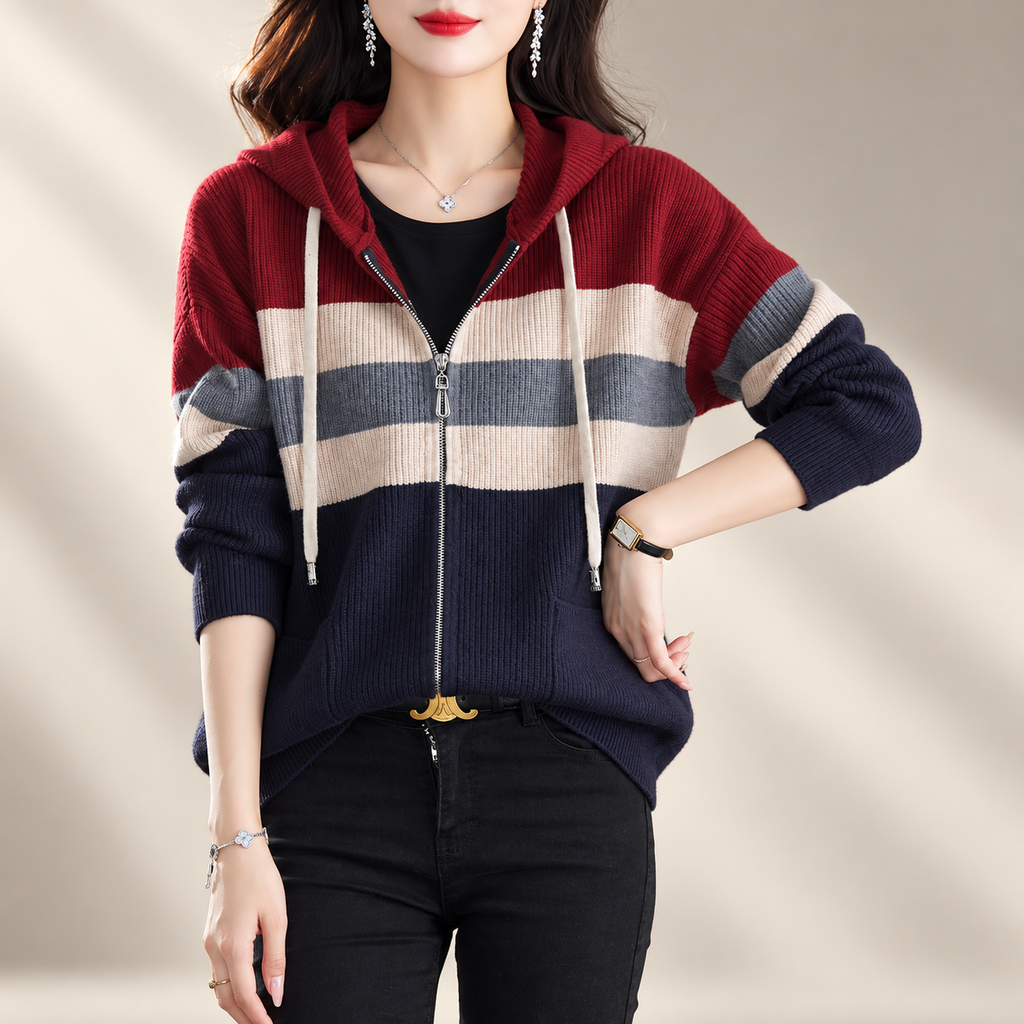 Adriana Women's Colorblock Zip-Front Hooded Knit Cardigan with Pockets