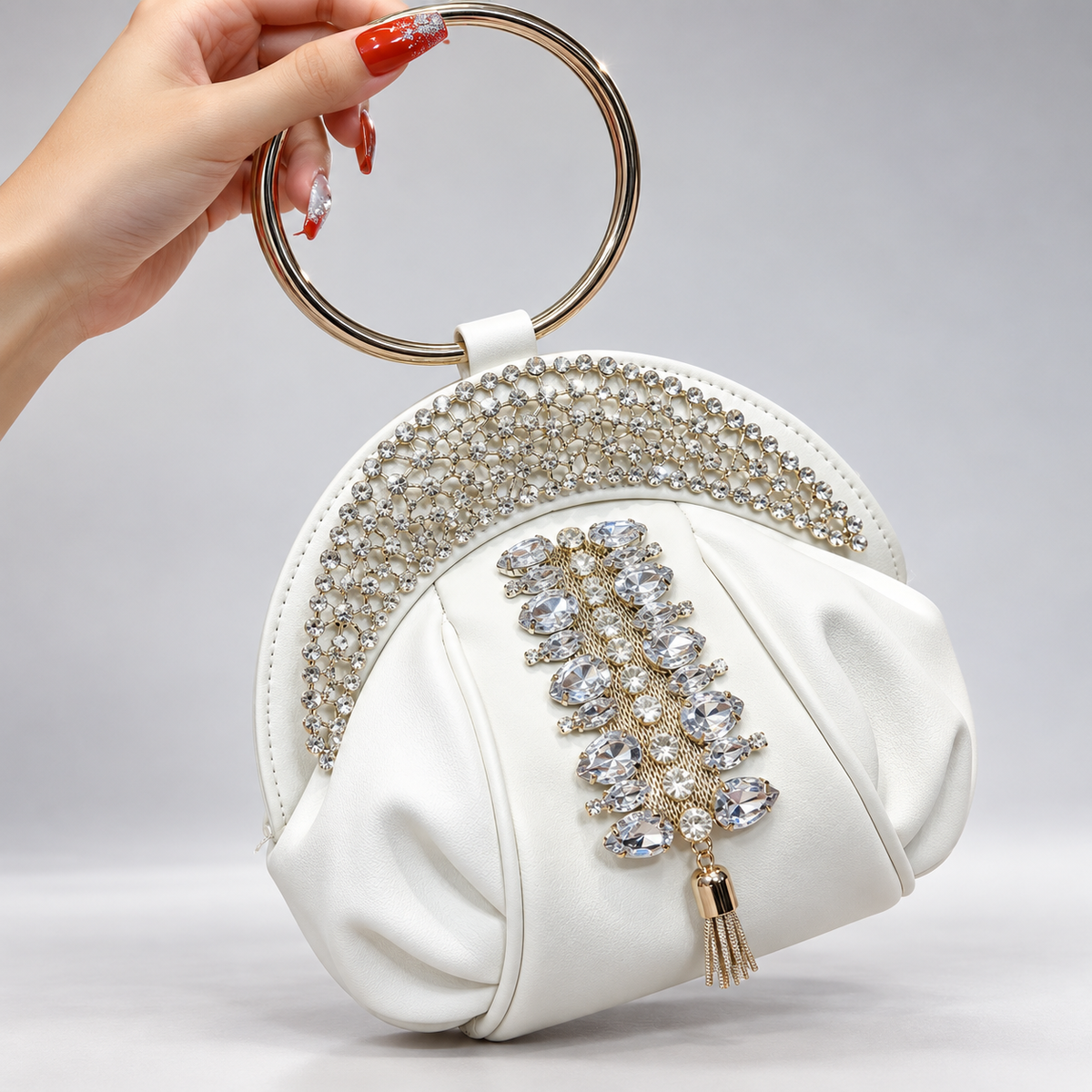 Vivienne Rhinestone Evening Clutch Bag with Gold Ring Handle