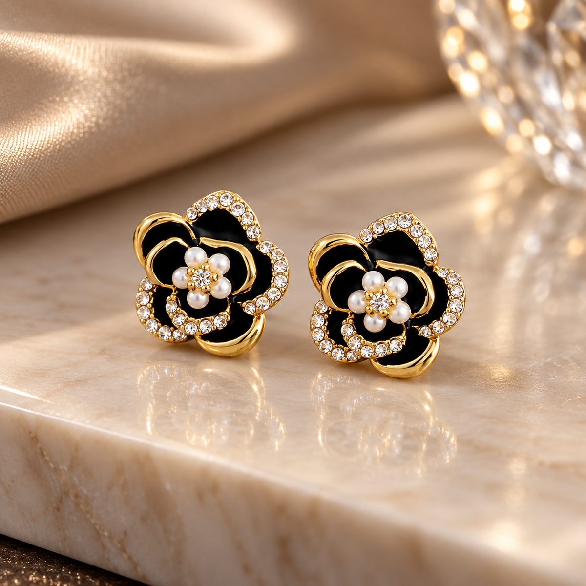 Celeste Women’s Floral Stud Earrings – Gold-Tone Black Enamel Crystal Flower Earrings