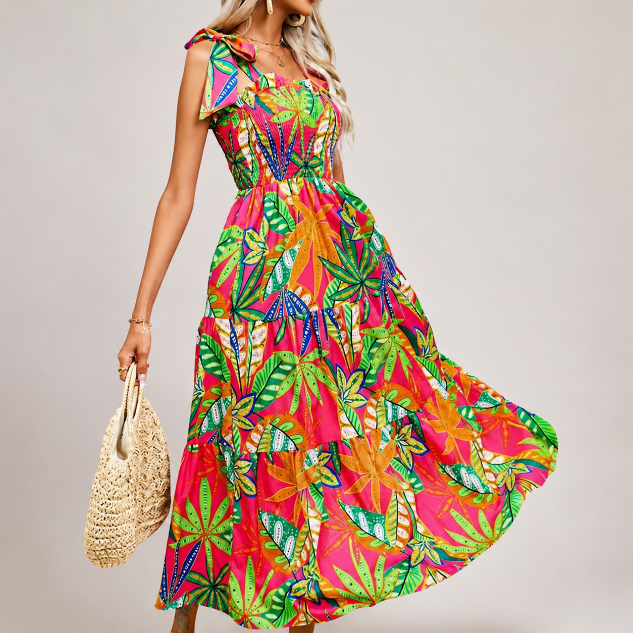 Lydia Women’s Tropical Print Smocked Tiered Maxi Dress