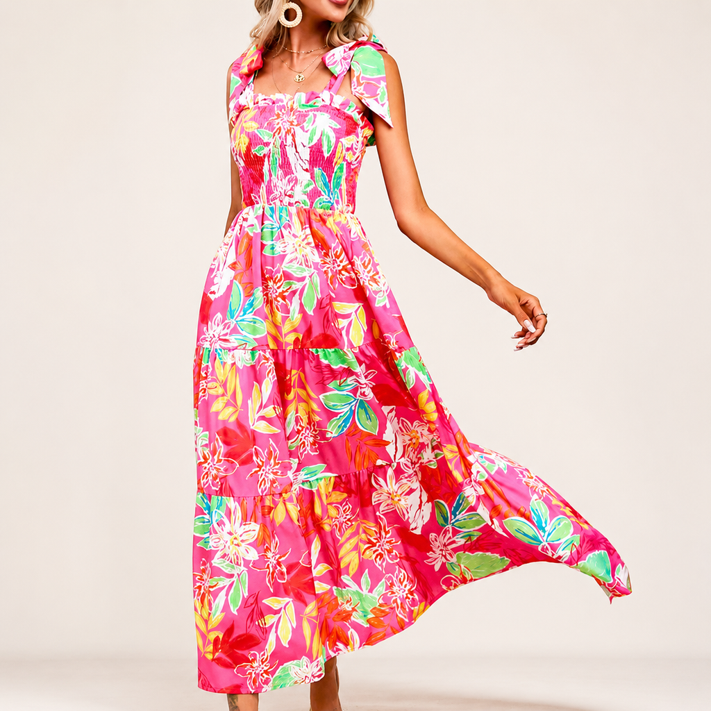 Lydia Women’s Tropical Print Smocked Tiered Maxi Dress