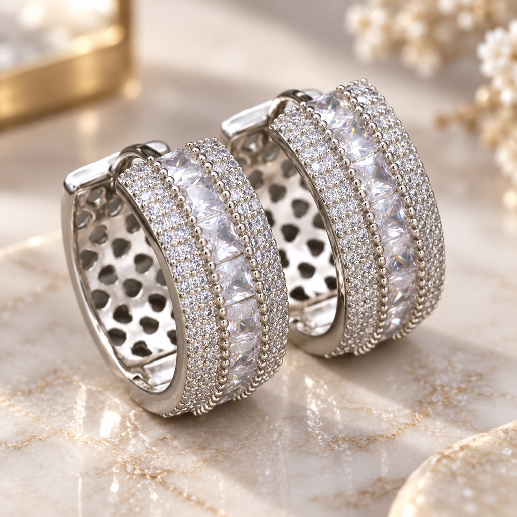 Alessandra Crystal Wide Hoop Earrings – Multicolor or Clear Stone Statement Earrings