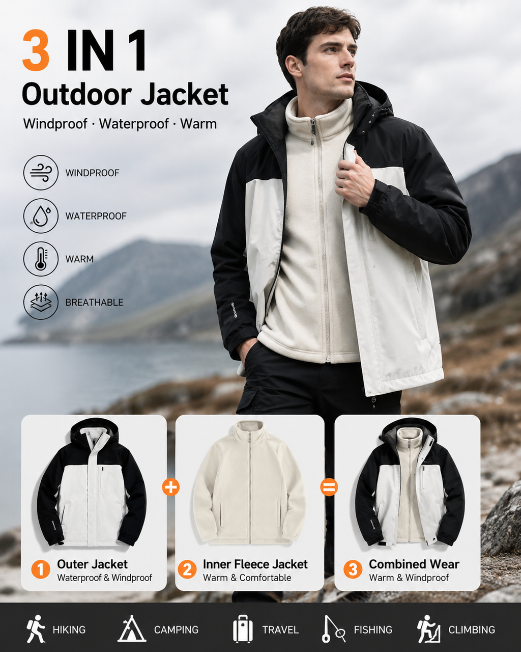 Cameron Men’s 3-in-1 Hooded Outdoor Jacket – Water-Repellent Windproof Shell with Removable Fleece Liner
