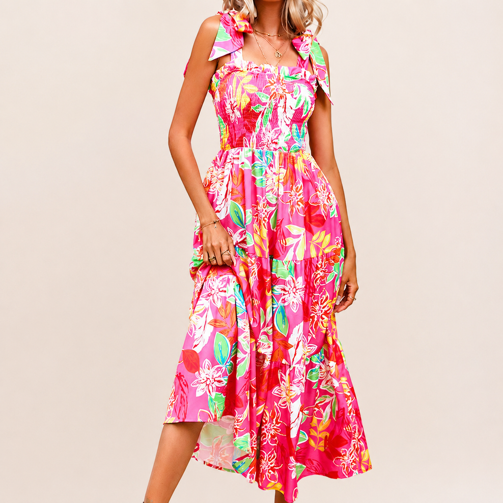 Lydia Women’s Tropical Print Smocked Tiered Maxi Dress
