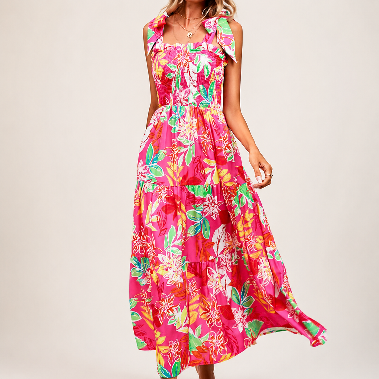 Lydia Women’s Tropical Print Smocked Tiered Maxi Dress