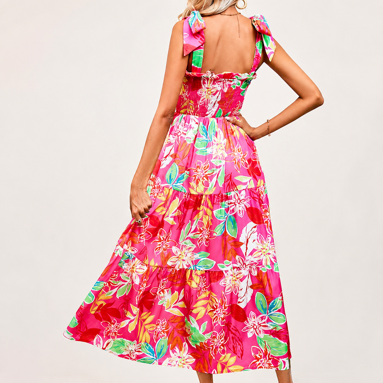 Lydia Women’s Tropical Print Smocked Tiered Maxi Dress