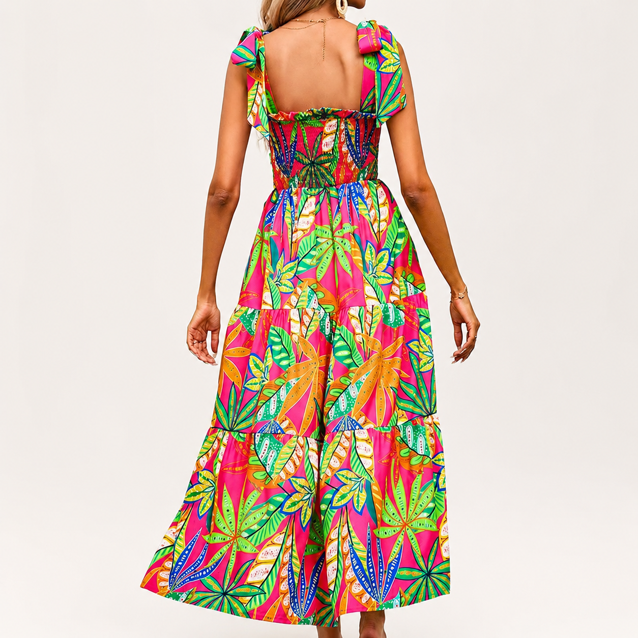 Lydia Women’s Tropical Print Smocked Tiered Maxi Dress