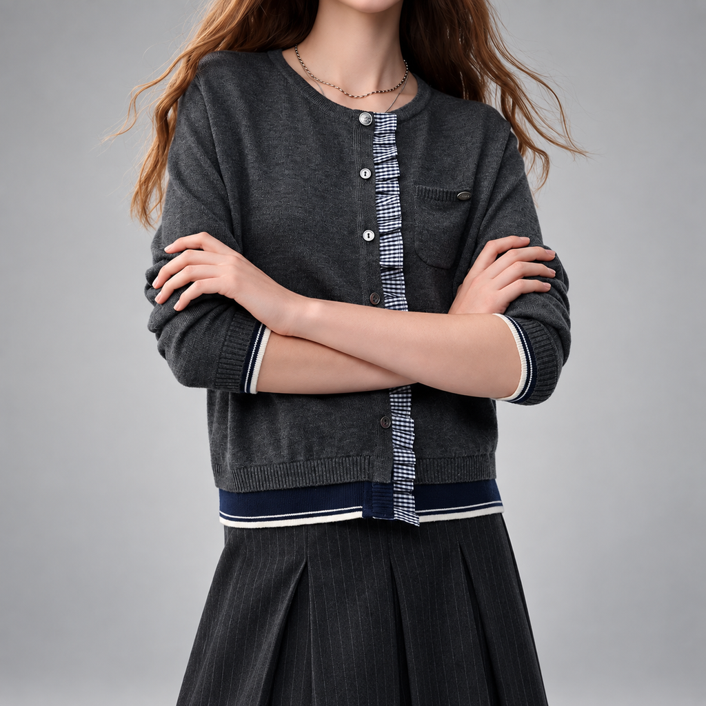 Margaret Check Trim Button Cardigan – Charcoal Gray Crew Neck Knit Sweater