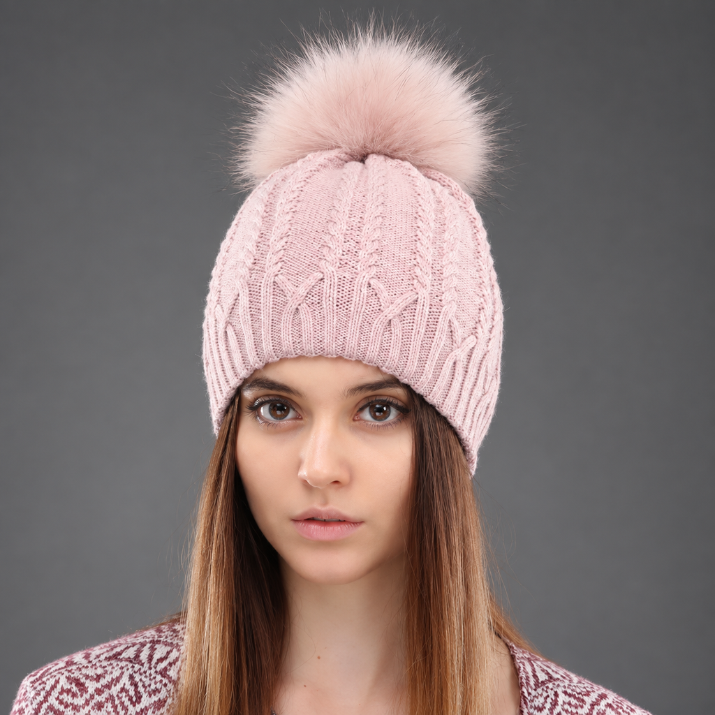 Colette Women’s Cable Knit Pom-Pom Beanie – Braided Winter Hat with Fur-Look Pom