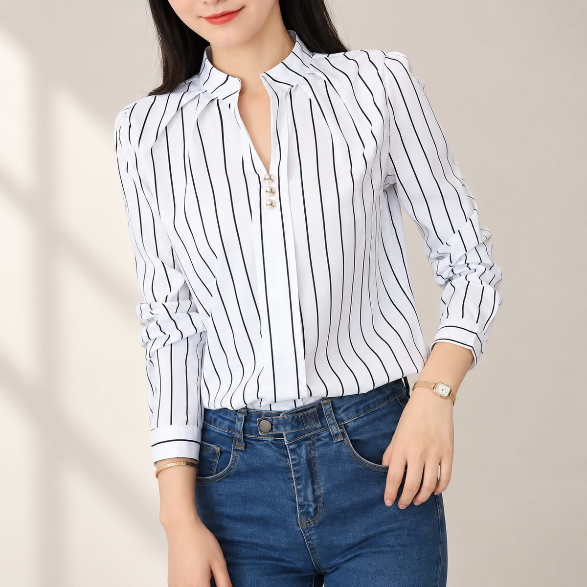 Marianne Women's Printed Split-Neck Long Sleeve Blouse with Button Detail