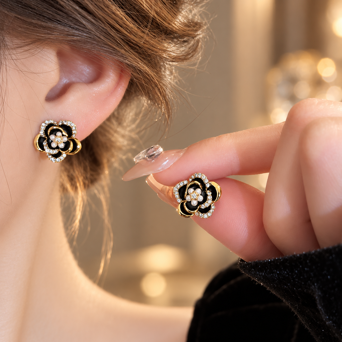 Celeste Women’s Floral Stud Earrings – Gold-Tone Black Enamel Crystal Flower Earrings
