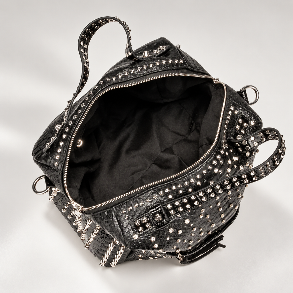 Camille Studded Reptile-Texture Satchel Handbag with Detachable Strap