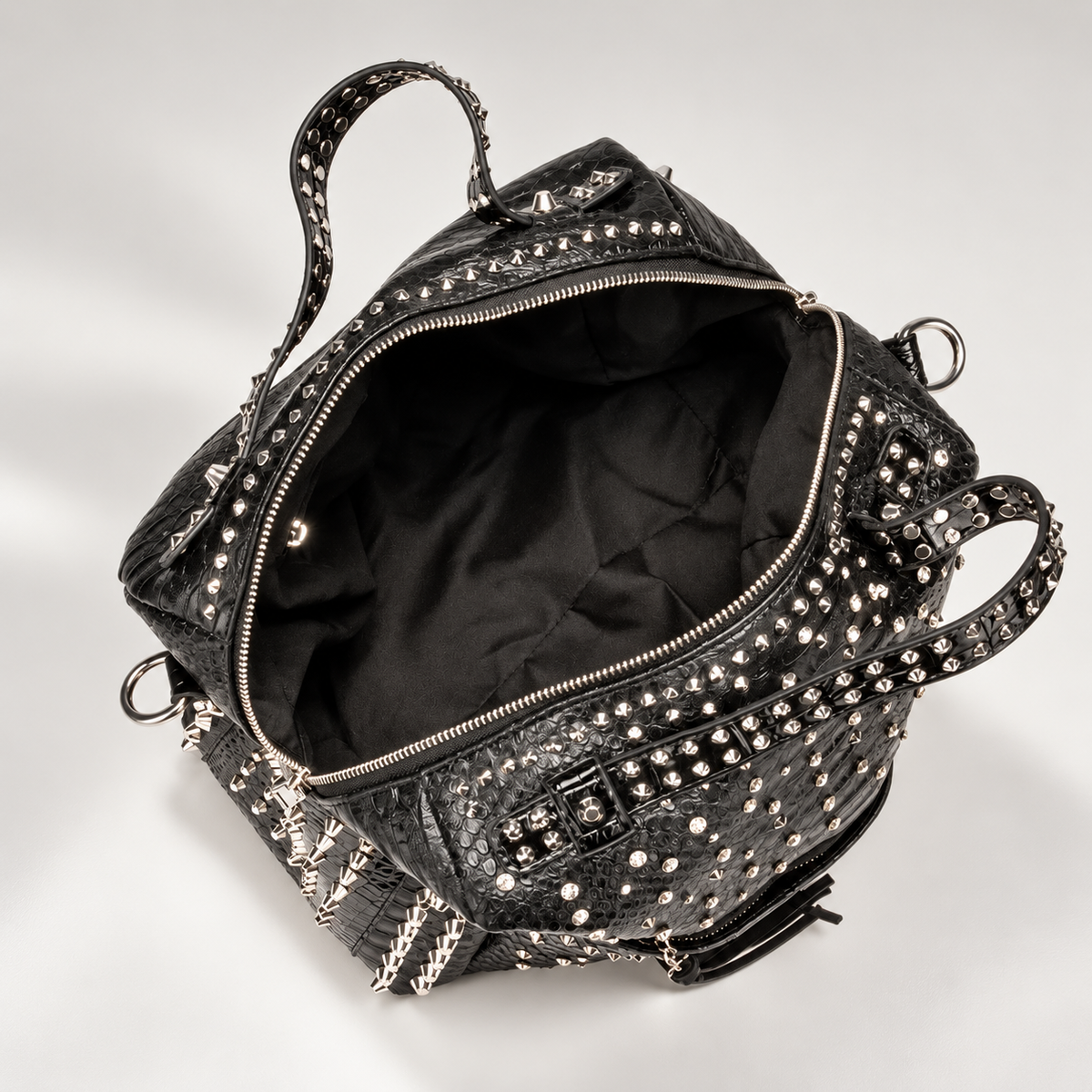 Camille Studded Reptile-Texture Satchel Handbag with Detachable Strap