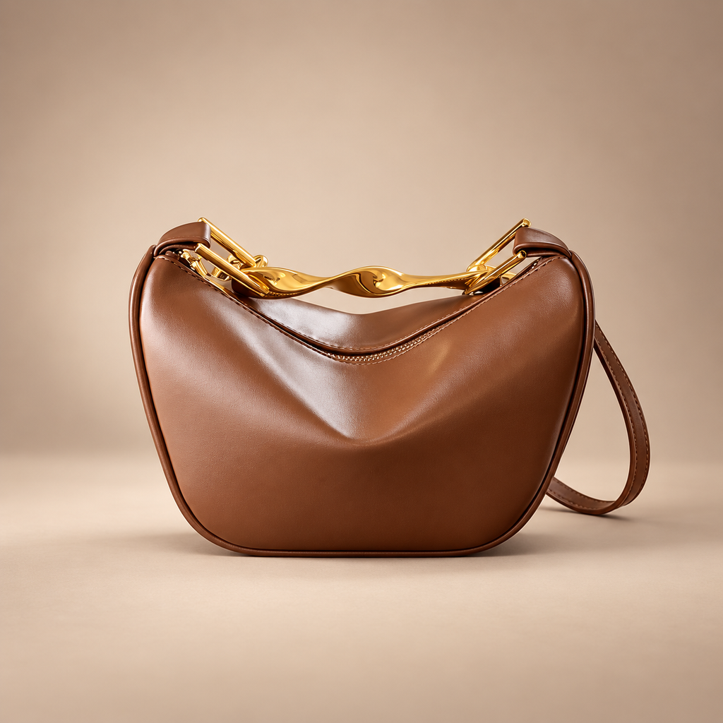 Genevieve Crescent Shoulder Bag – Sculpted Gold-Tone Handle Crossbody Handbag