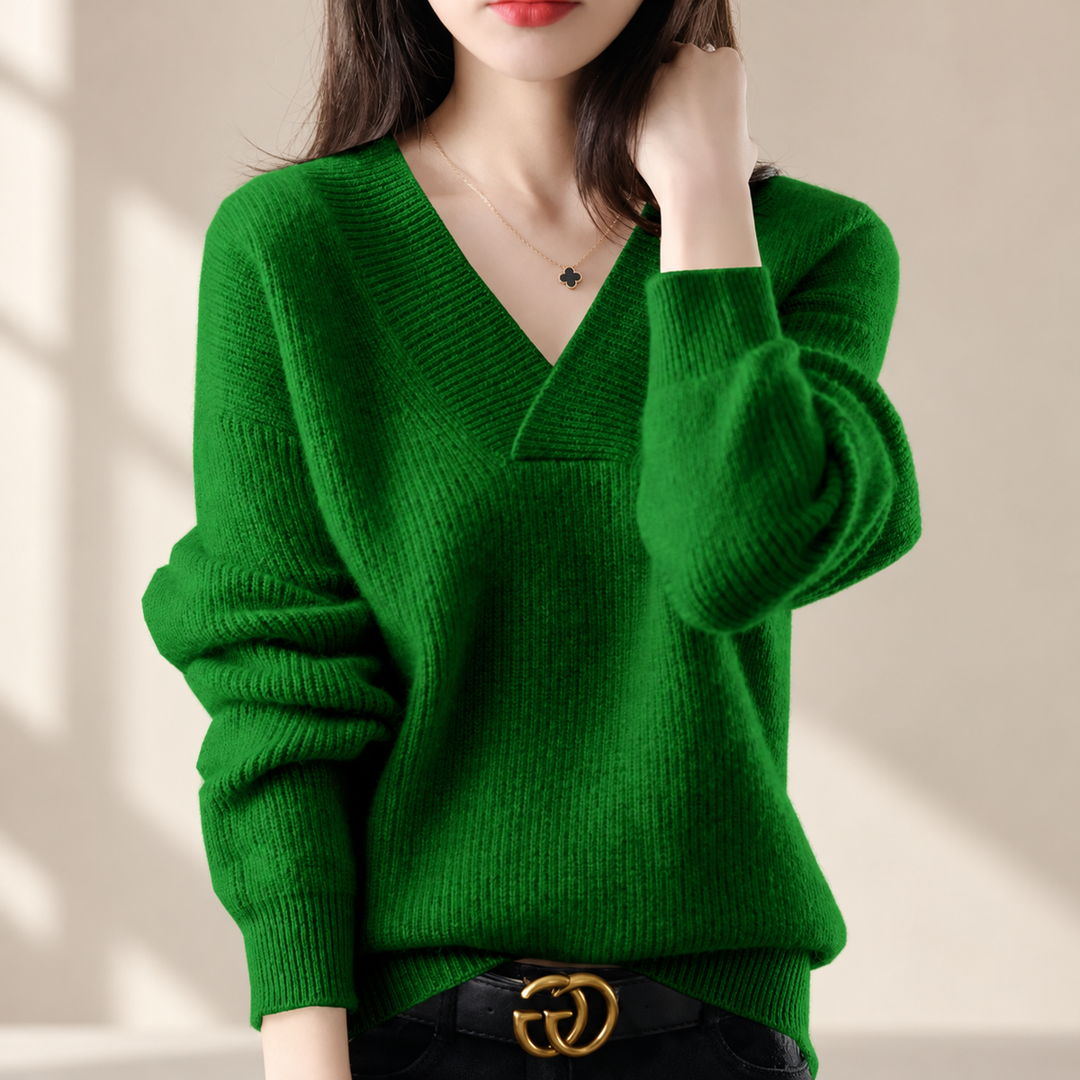 Elodie Women’s V-Neck Knit Sweater – Relaxed Fit Long Sleeve Pullover