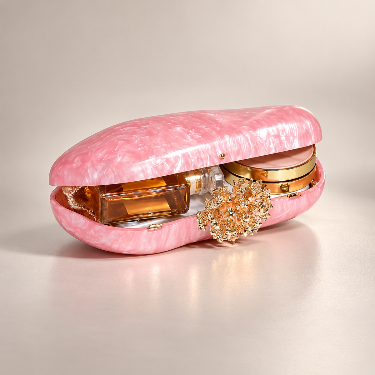 Alessia Pearl-Effect Evening Clutch with Gold Floral Clasp & Chain Strap