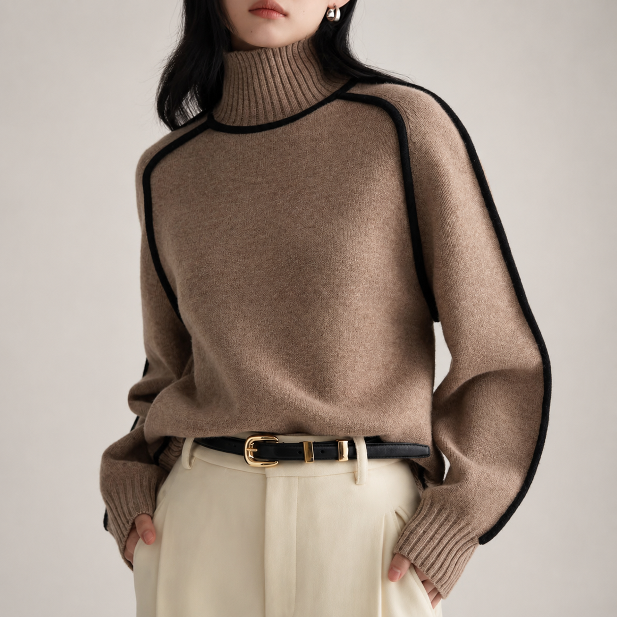 Hazel Women’s Relaxed Contrast-Trim Knit Pullover Sweater
