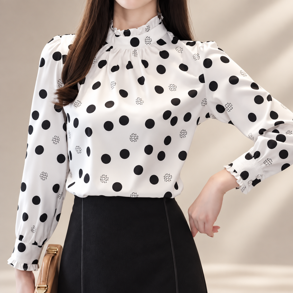 Colette Polka Dot Ruffle Neck Blouse – Black and White Long Sleeve Top