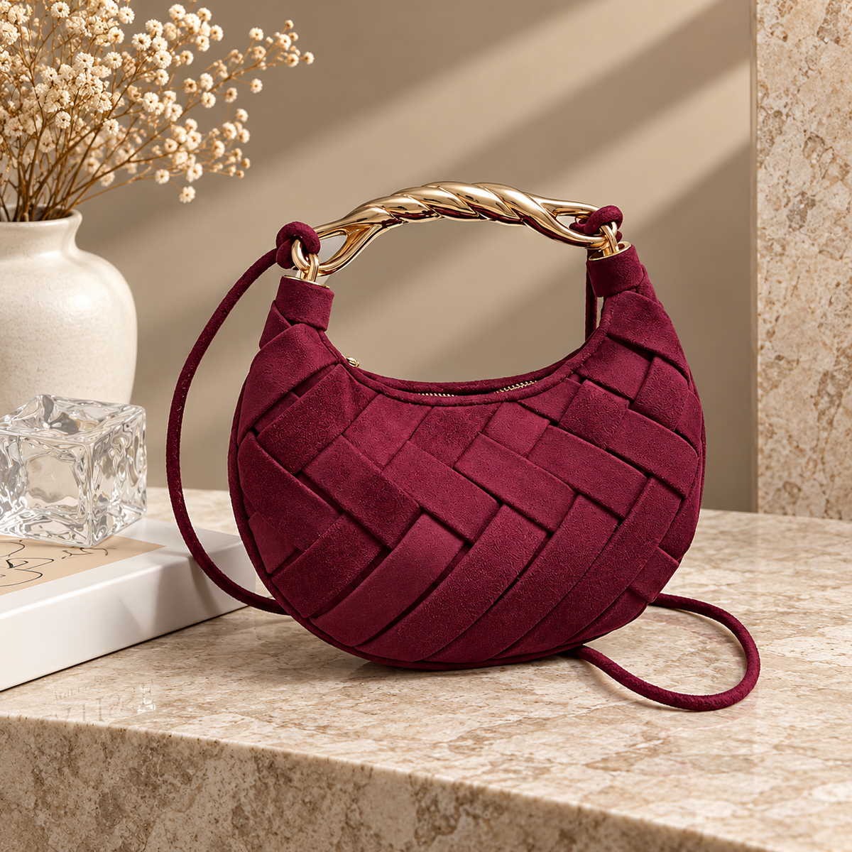 Elodie Woven Crescent Handbag – Suede-Look Shoulder & Crossbody Bag