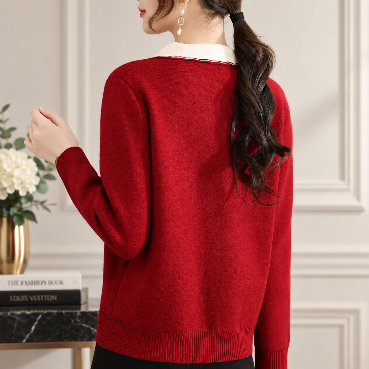 Genevieve Women's Contrast Collar Knit Sweater with Decorative Button Detail