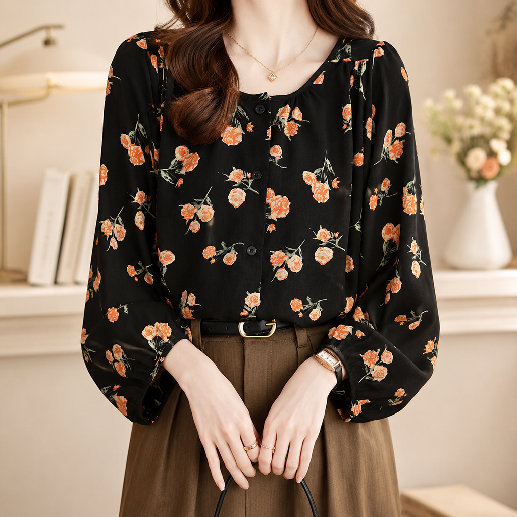 Margot Women’s Printed Button-Front Blouse – Relaxed Long Sleeve Top
