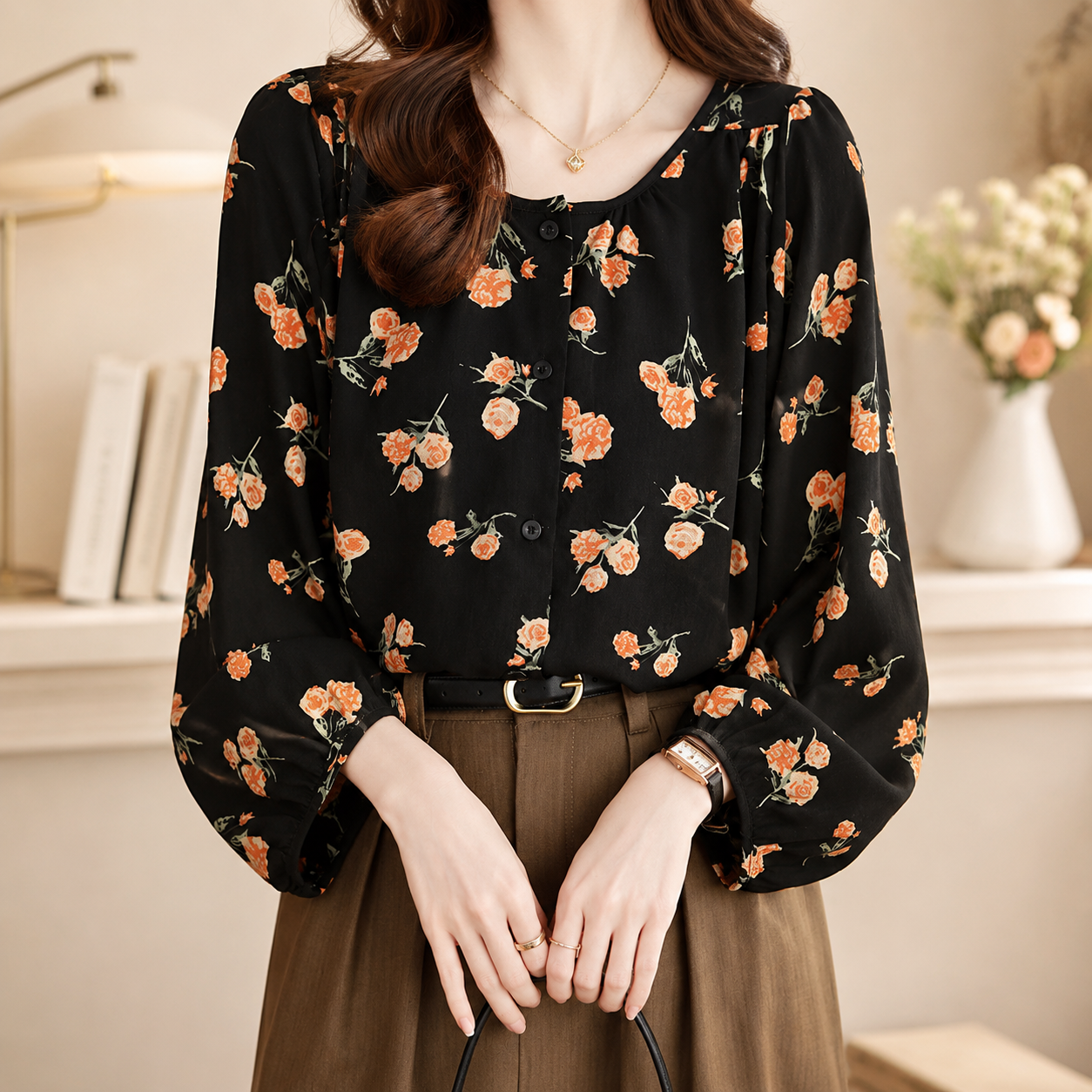 Margot Women’s Printed Button-Front Blouse – Relaxed Long Sleeve Top