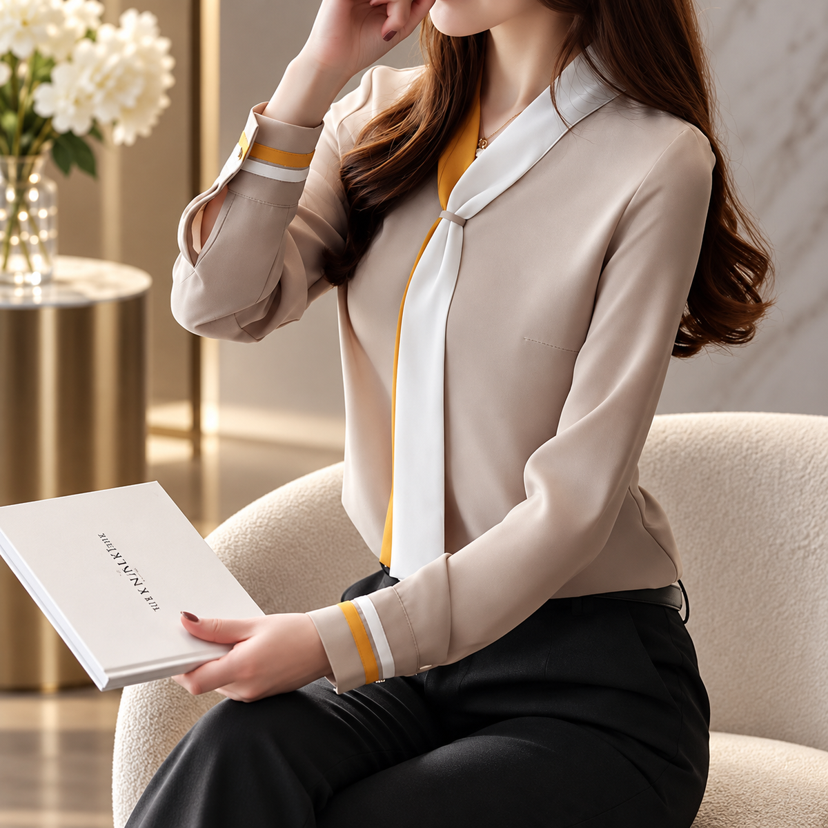 Madeleine Contrast Scarf Neck Blouse – Long Sleeve Office Top