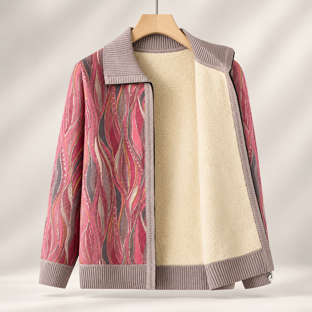 Delphine Women's Abstract Print Zip-Front Knit Jacket with Ribbed Collar