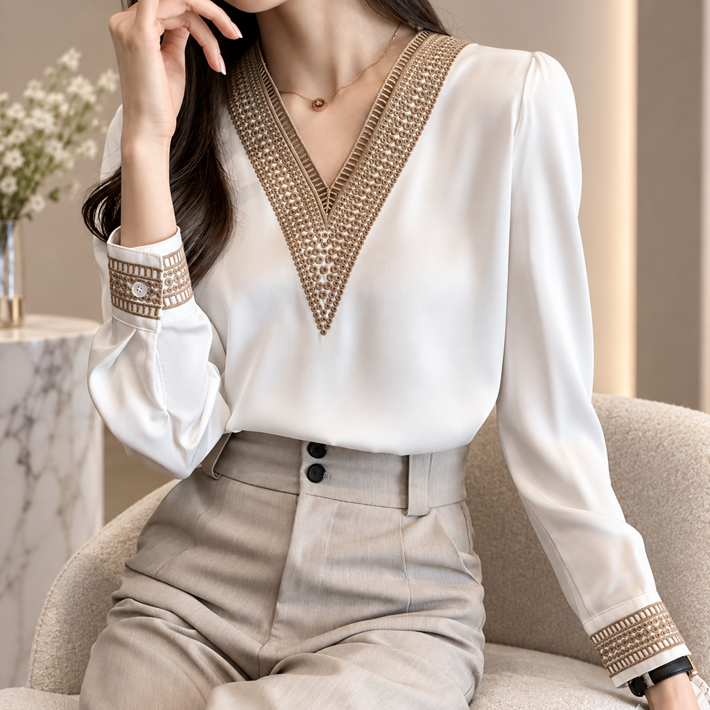 Isabella Embellished V-Neck Long Sleeve Blouse