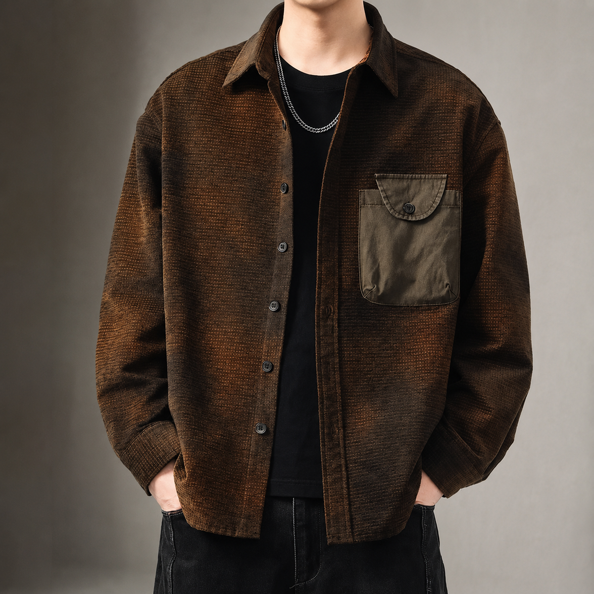 Rafael Men’s Textured Cargo Shirt – Long Sleeve Button-Up with Contrast Chest Pocket