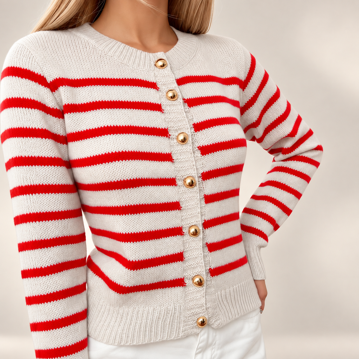 Gianna Striped Button Front Knit Cardigan – Gold Button Crew Neck Sweater