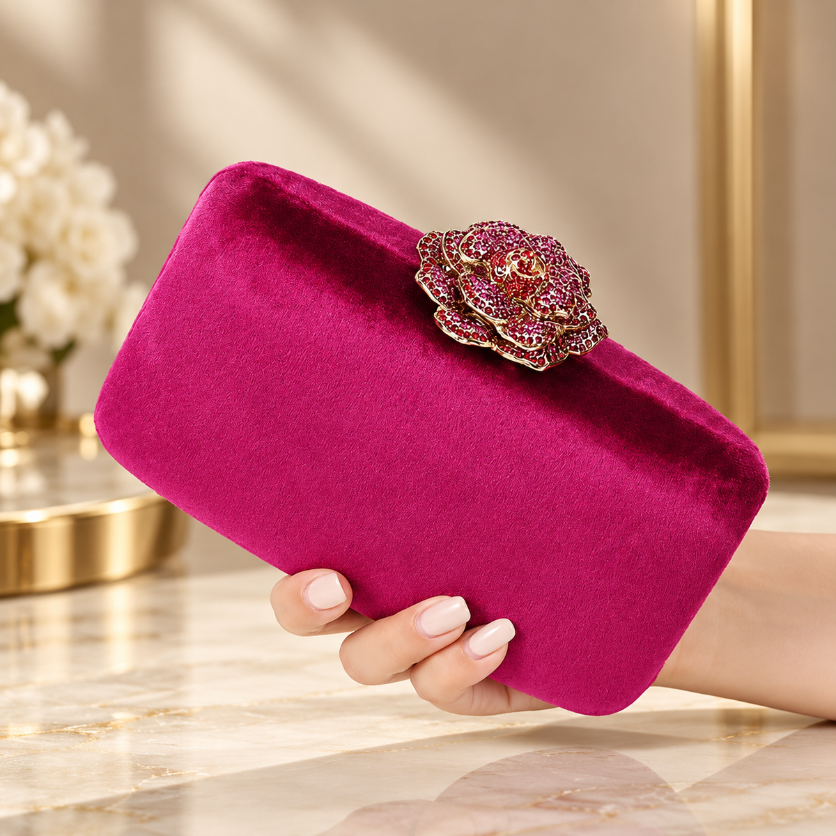 Camille Jeweled Rose Velvet Evening Clutch with Chain Strap