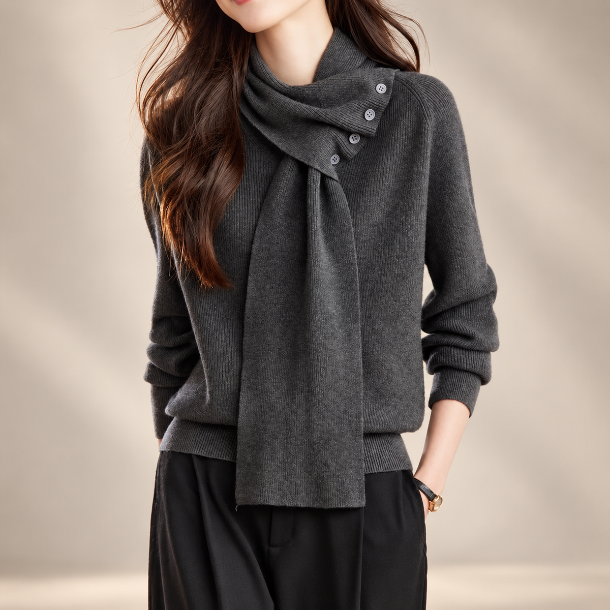 Camille Women's Button Scarf-Neck Knit Sweater