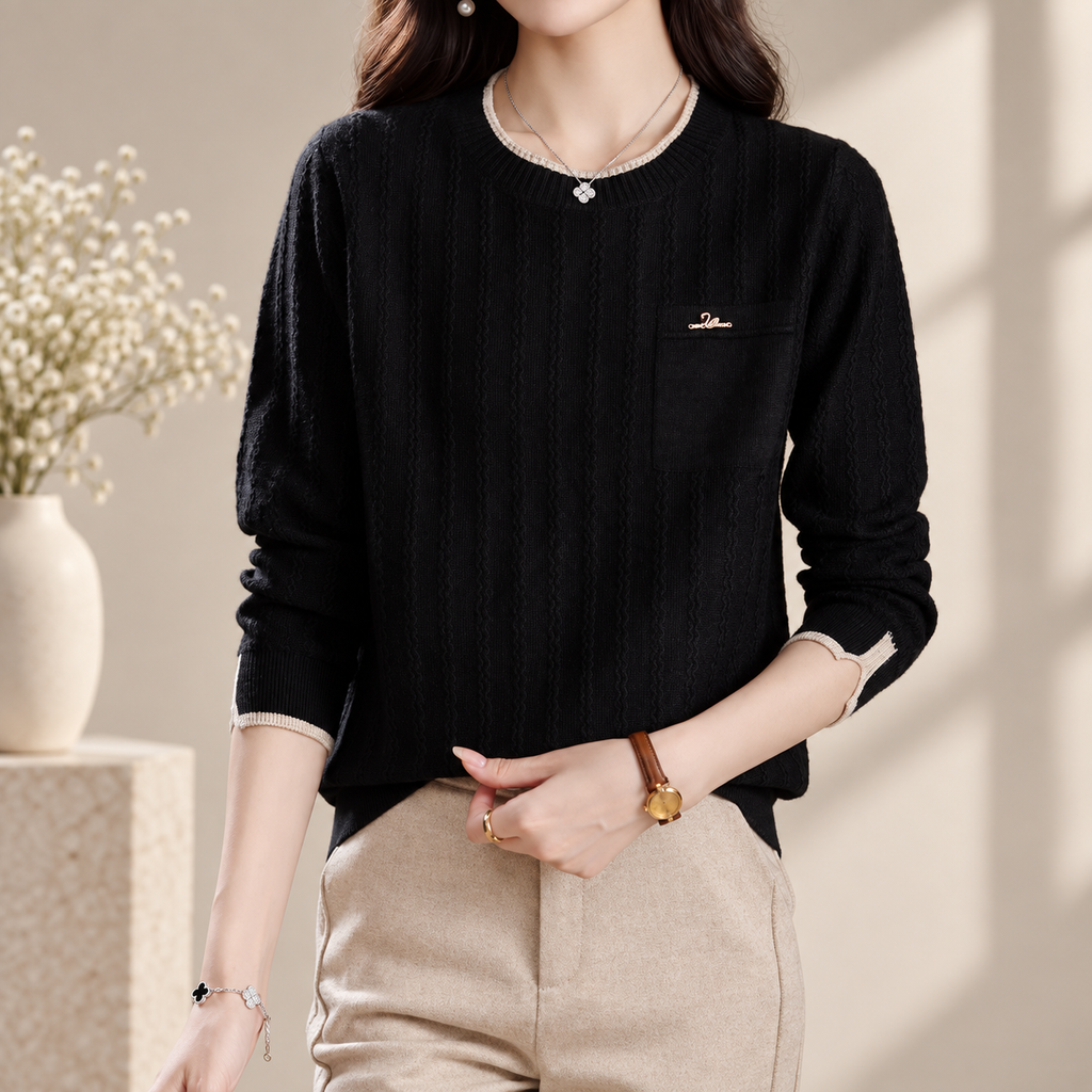 Madeleine Women’s Textured Crew Neck Knit Sweater – Long Sleeve Pullover with Chest Pocket